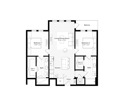 Floor plan for 2 beds, 2 baths, 1061 sqft
